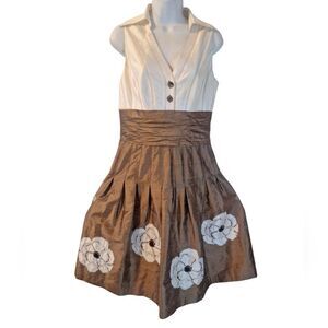 Kay Unger brown , champagne silk dress with floral button accent size 10